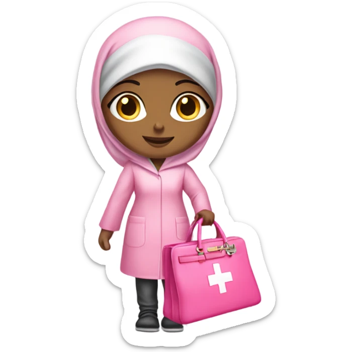 a girl wearing hijab, and wearing a medical scrub holding a luxury pink birkin bag sticker