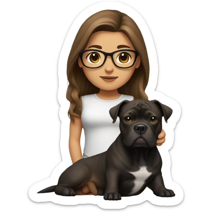 girl with long brown hair and beige glasses with a black american bully dog has a white belly sticker