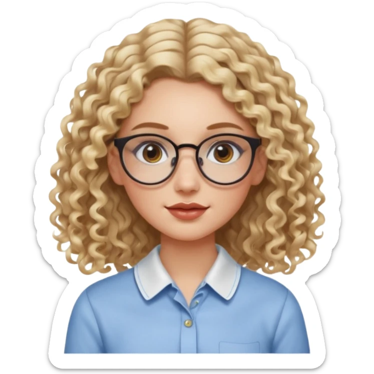 cute white girl with not volominous VERY LONG blonde curly hair with balayage, brown eyes, full lips, natural clean girl makeup and hoop earrings and square glasses, collared shirt sticker