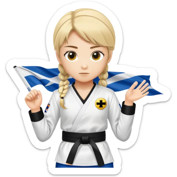 A girl in taekwondo uniform with two yellow strips on the black belt and left chest a finland flag. sticker