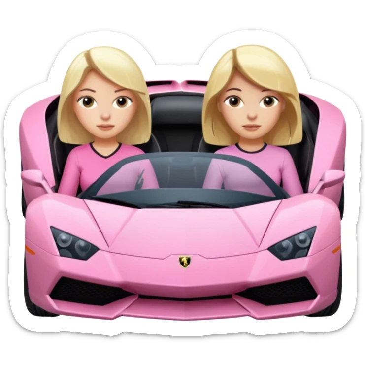 Make car far away so I can see full car Car facing forward in pink sports car. The best friend girls are not smiling but very pretty. One girl is blonde, one girl is brunette. Front of car sitting in the seats. Make it a pink sports car. They are two baddies make it a Lamborghini pink car  sticker