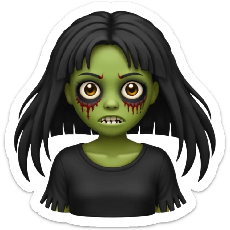 Um emoji de uma menina zombie de blusa branca num fundo preto de cabelo longo e preto e franjinha sticker