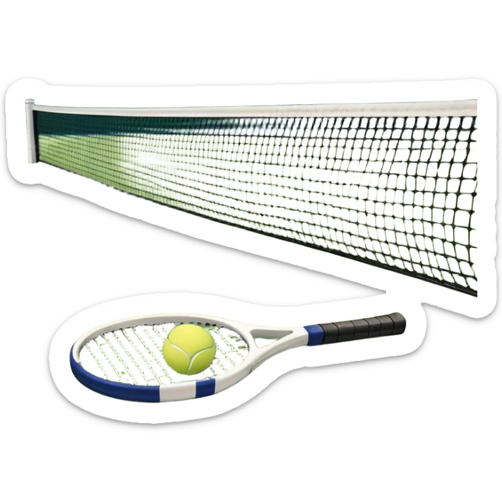 A tennis racket and a ball placed on the ground, with a tennis court in the background. The court lines and net are visible, emphasizing the structure and focus of the sport, creating a dynamic and energetic vibe. sticker
