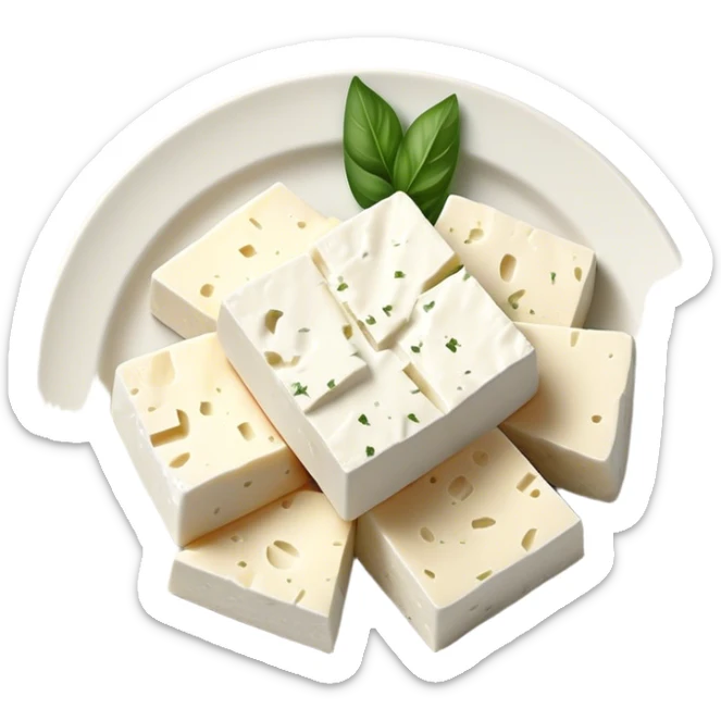 Feta Cheese Cinematic Realistic Feta Cheese Dish Emoji, depicted as slices of tangy, creamy feta cheese served on a plate, rendered with crisp textures and soft, natural lighting. sticker