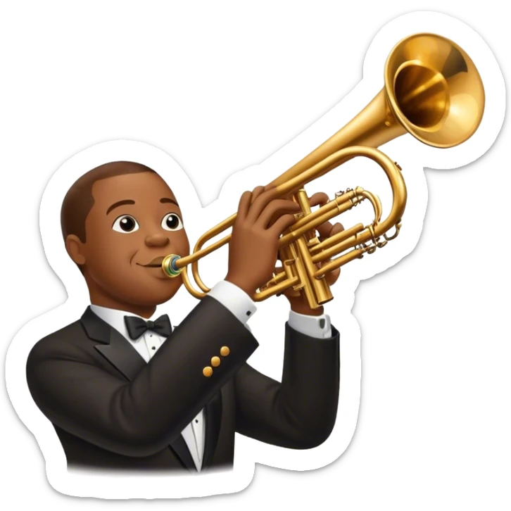 Icon for Jazz Music: Louis Armstrong with his trumpet in front of a jazz orchestra. Include musical instruments like a saxophone, trumpet, and piano, with floating musical notes around. The design should capture the smooth and soulful vibe of jazz. Transparent background. sticker