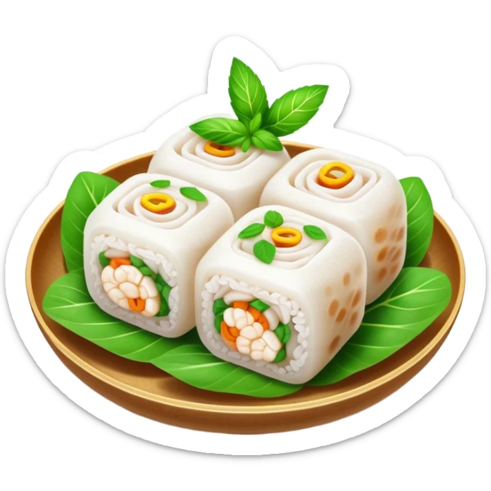 Bánh Cuốn Cinematic Realistic Bánh Cuốn Dish Emoji, depicted as delicate steamed rice rolls garnished with chopped mint on top, rendered with lifelike textures and fresh, vibrant lighting. sticker