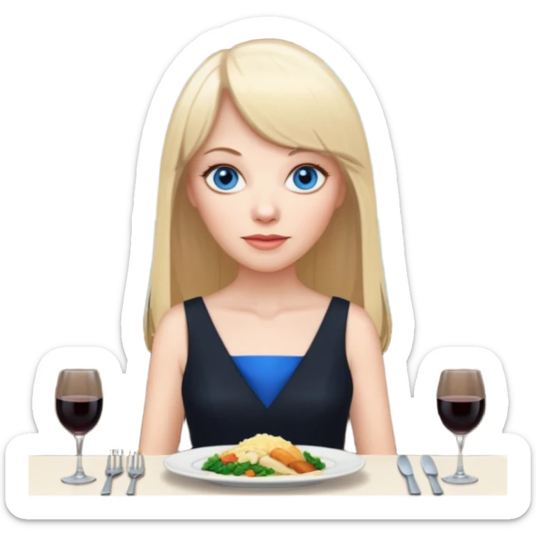 45 yr old white woman, pale skin, long straight blond hair parted in center, blue eyes, bangs, clothes for dinner sticker
