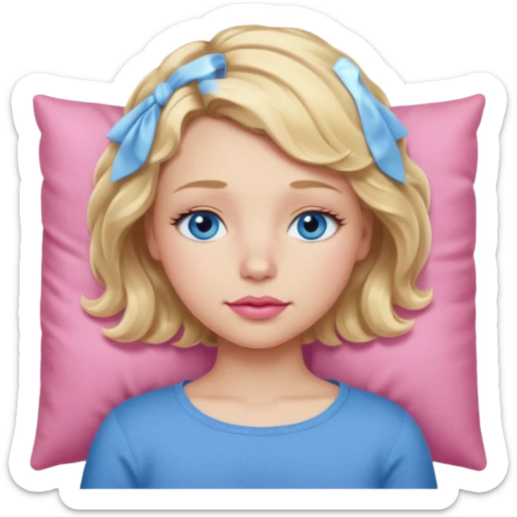 Girl Blonde short wavy hair,  blue eyes, cute blue top, long lashes, pink lips, sleeping sticker