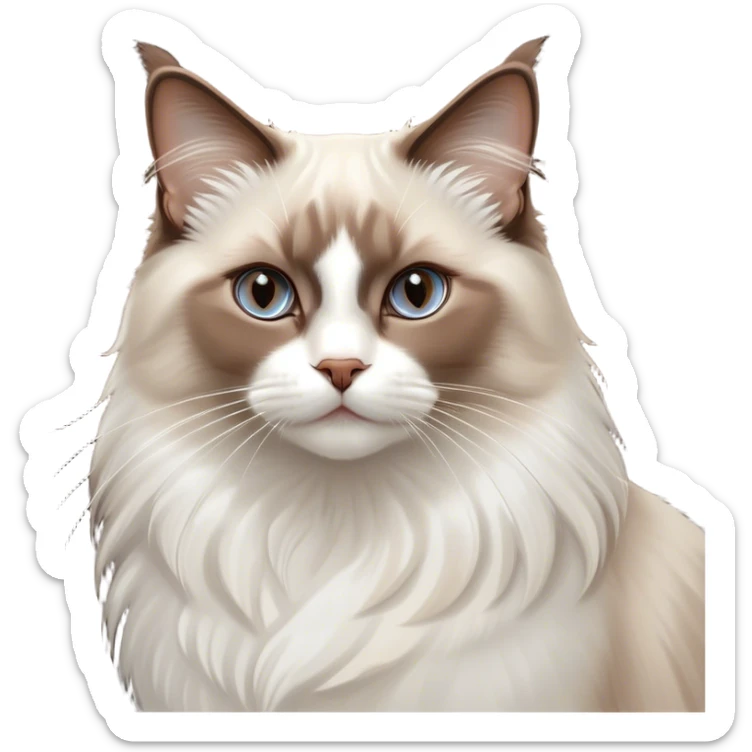 Cinematic Chocolate-Point Ragdoll Cat Portrait Emoji, Elegant and alert, sleek brown and white tones with a distinct white nose, Simplified yet sharp features, highly detailed, glowing with a warm, confident glow, high shine, intelligent and poised, stylized with an air of grace, focused and attentive, soft glowing outline, capturing the essence of calmness and elegance, so lifelike it feels as though it could spring into motion with a gentle, poised presence at any moment! sticker