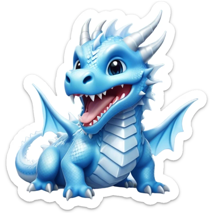 Cinematic Cute Yawning Beautiful Ice Dragon Portrait Emoji, Head tilted slightly with a dramatic, wide-open yawn, revealing a softly crystalline body with subtly drooping, frost-laden scales in cool blues and silvery hues, each detail rendered with natural icy finesse; high shine, relaxed yet elegant, styled with a dash of enchanted winter charm, soft glowing outline, capturing the essence of a sleepy yet graceful ice drake ready to stretch out and melt into a serene, frozen slumber! sticker