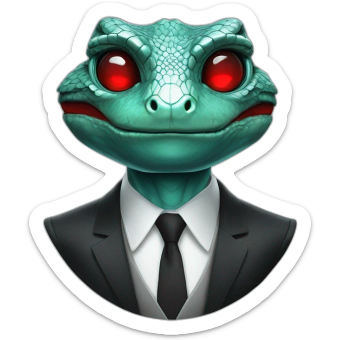 Aquamarine reptilian in classic black suite with red laser eyes on the middle of platinum coin sticker
