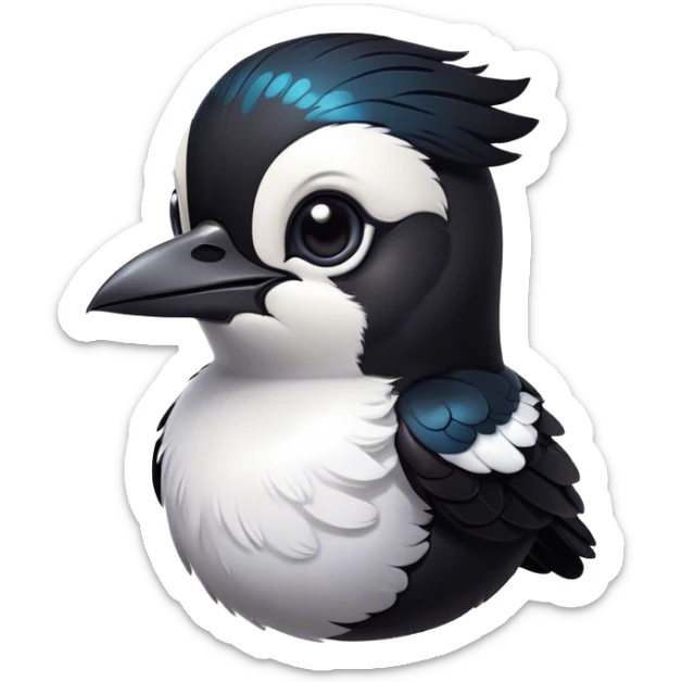 Cinematic Cute Magpie Portrait Emoji, Head tilted playfully and inquisitively, featuring a compact, elegant form with glossy, contrasting black and white feathers and round, sparkling eyes full of playful charm, Simplified yet irresistibly adorable features, highly detailed, glowing with a warm, inviting glow, high shine, affectionate and lively, stylized with a touch of whimsical urban flair, soft glowing outline, capturing the essence of a mischievous yet endearing magpie that seems as if it could flit out of the screen into your arms! sticker