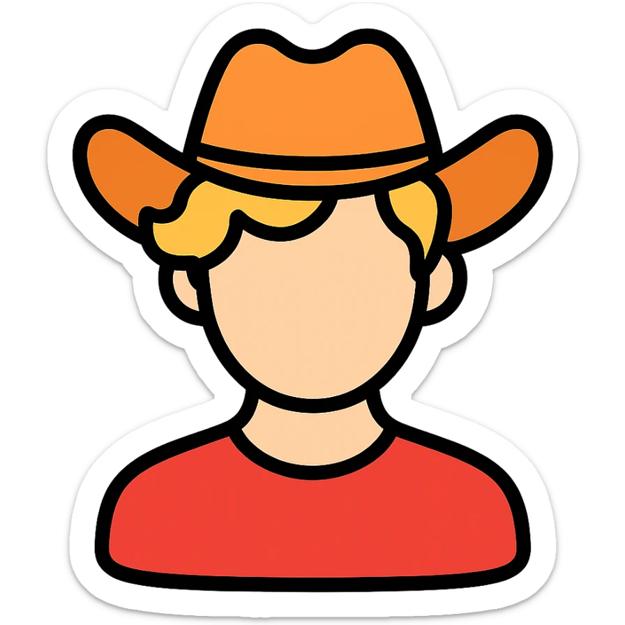 color outline icon of young man with wavy blonde hair, blank face, orange cowboy hat sticker