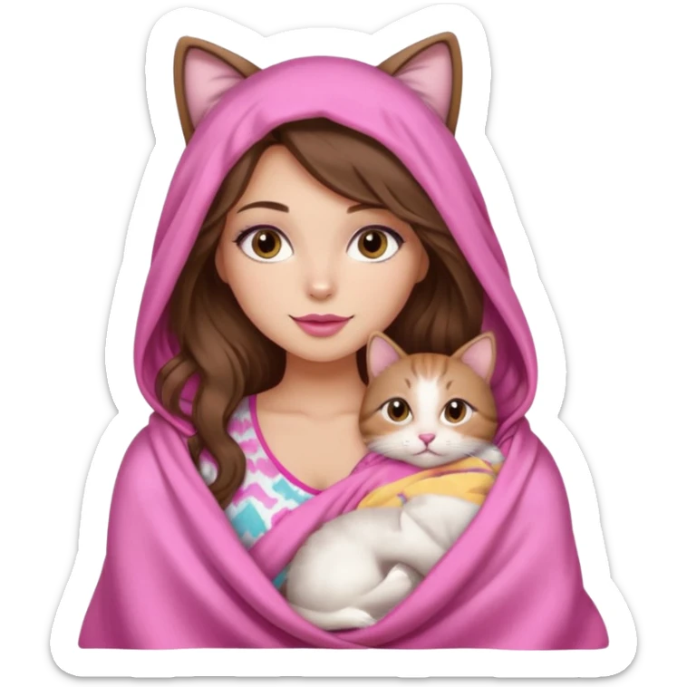 girl with long wavy brown hair, brown eyes, long lashes makeup, sexy pink lips, light to medium complexion, wearing a pink sexy silk top, big blanket over the head cozy holding a cat,  sticker