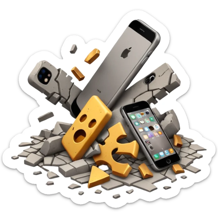 3D iPhone style emoji of debris and ruins, broken pieces of concrete and metal scattered, chaotic structure, isolated on white background, soft shadows, high detail, playful and cute. sticker