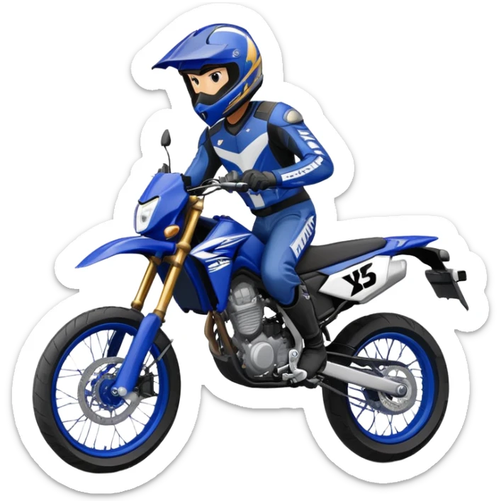 dark blue and light blue Yamaha WR125X Supermoto Rider in a wheelie with dark blue helmet sticker