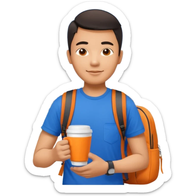 an asian man in blue t-shirt with orange cup of coffee and backpack on the back. Eiffel tower on the background sticker