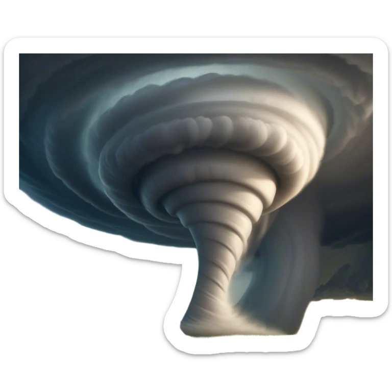 Cinematic Realistic Tornado Emoji, Spiraling fiercely, with dark swirling clouds that twist and stretch downward in a funnel shape. The winds whip up debris as the tornado roars across the landscape, leaving a trail of awe and fear. Soft glowing outline, capturing the essence of wild force and unpredictable power in a mighty tornado! sticker
