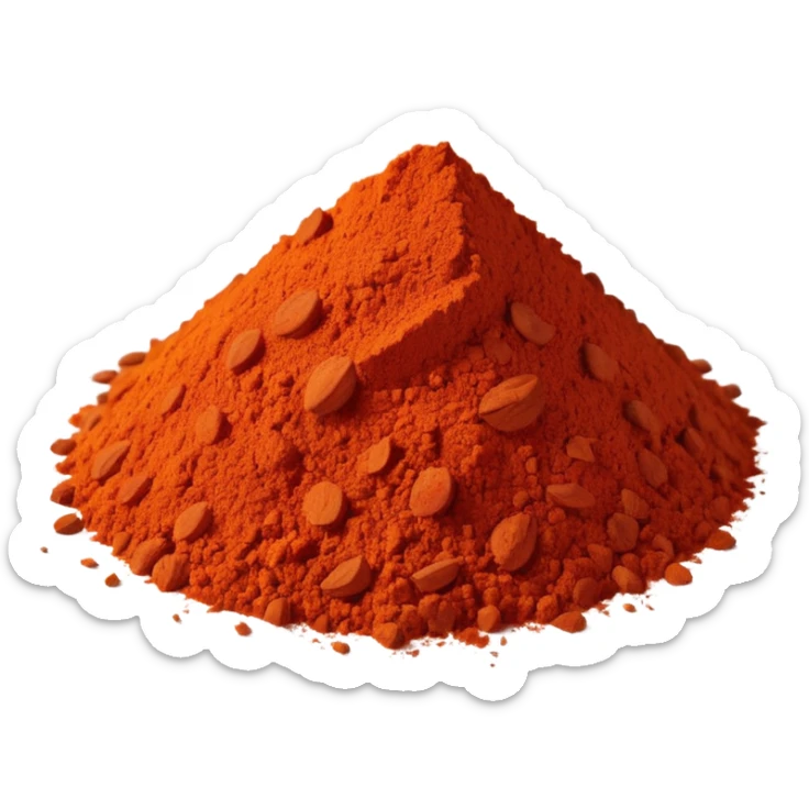 small scatter or mound of vibrant red-orange spice powder with slightly coarse flaky texture and matte finish, warm earthy color suggesting sun-dried peppers ground into fragrant flavorful dust, no bowl spoon or garnish, soft lighting, subtle shadows, emoji scale sticker