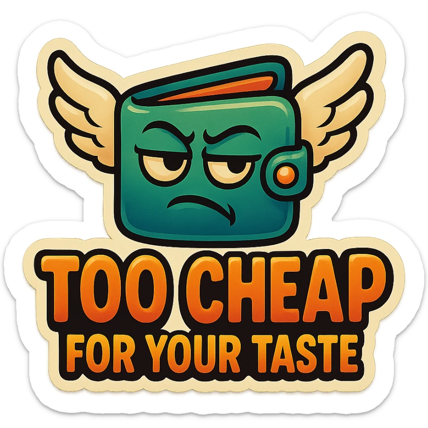 vibrant sticker-style icon of a wallet with wings and a sarcastic face, with the phrase 'too cheap for your taste' sticker