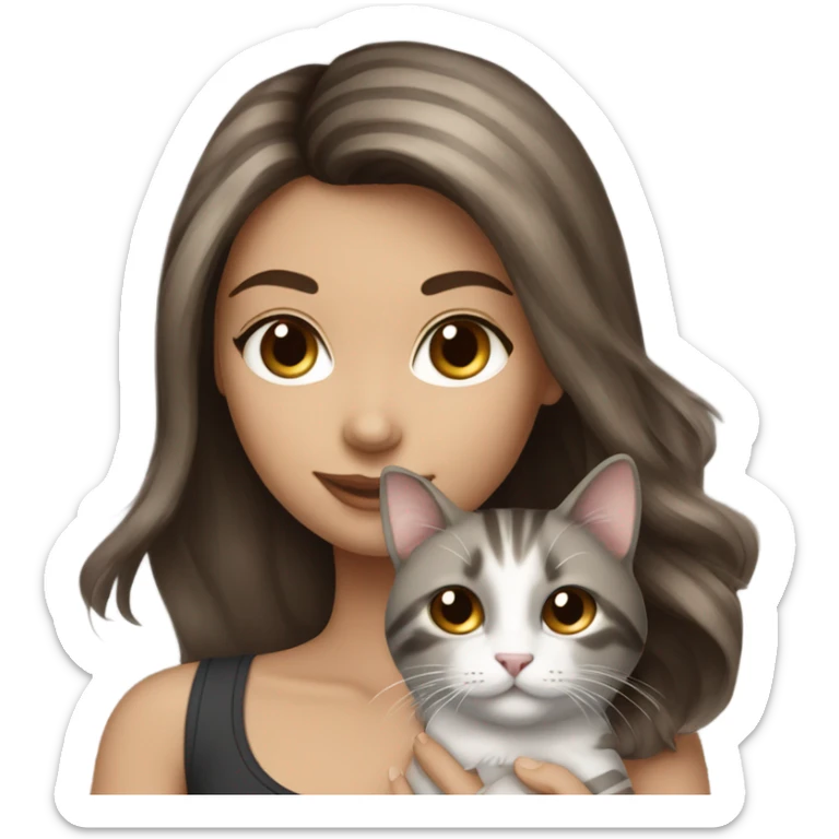 Beautiful brown haired tattooed woman holding gray and white striped long hair cat sticker