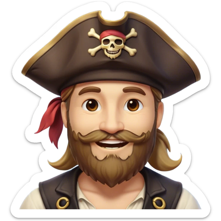 Clash of Clans aesthetic Cheerful Pirate Portrait Emoji, With a bright, confident smile and a relaxed yet adventurous posture, showcasing a stylized, rugged build with a classic pirate hat and a neatly groomed beard, his face in natural skin tone, Simplified yet expressive features, highly detailed, glowing with a soft, luminous maritime radiance, high shine, upbeat and daring, stylized with an air of classic swashbuckler allure, soft glowing outline, capturing the essence of a cheerful pirate ready to chart epic voyages! sticker