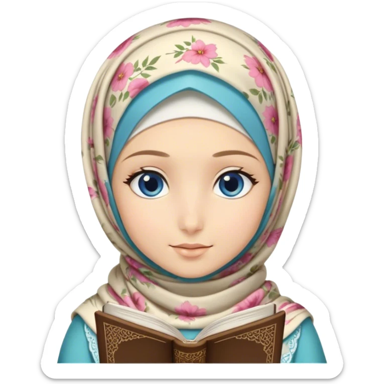 Turkish blonde floral design Hijabi girl with blue eyes and beautiful finish reading quran sticker