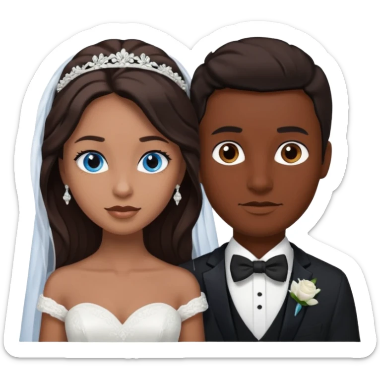 White groom with blue eyes and brown hair. Black bride with brown eyes and black hair sticker