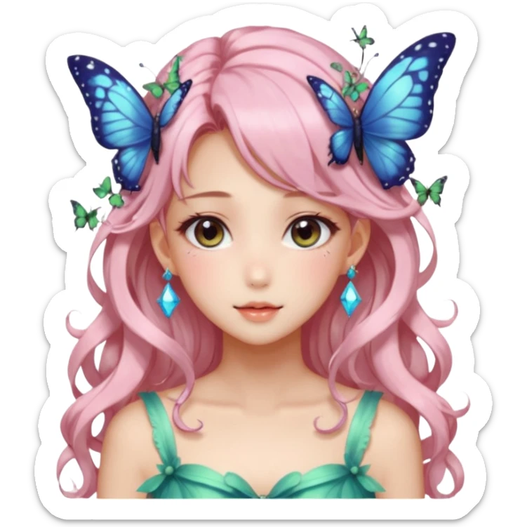 gorgeous shiny blushing anime lady with butterflies and beautiful hair fairycore high quality detailed vogue trending aesthetic sticker