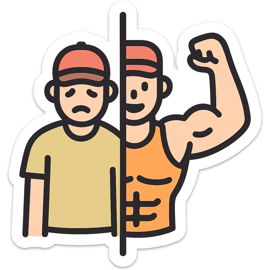 in the picture is devided in to two parts, at the first the sportsman is weak and lazy, but at the second picture the same sportsman is very strong because he doing a workout regularly sticker