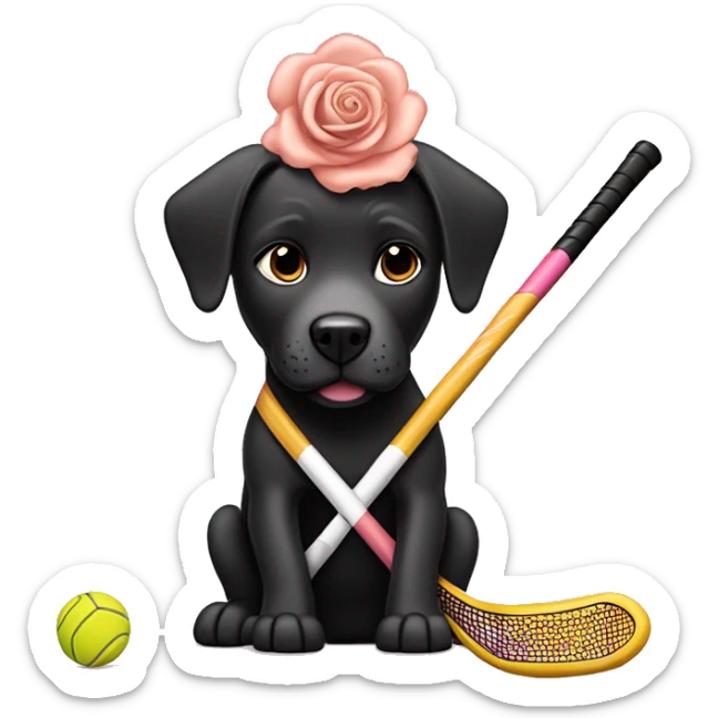 Black lab pitbull mix playing field hockey with a rose gold field hockey stick sticker