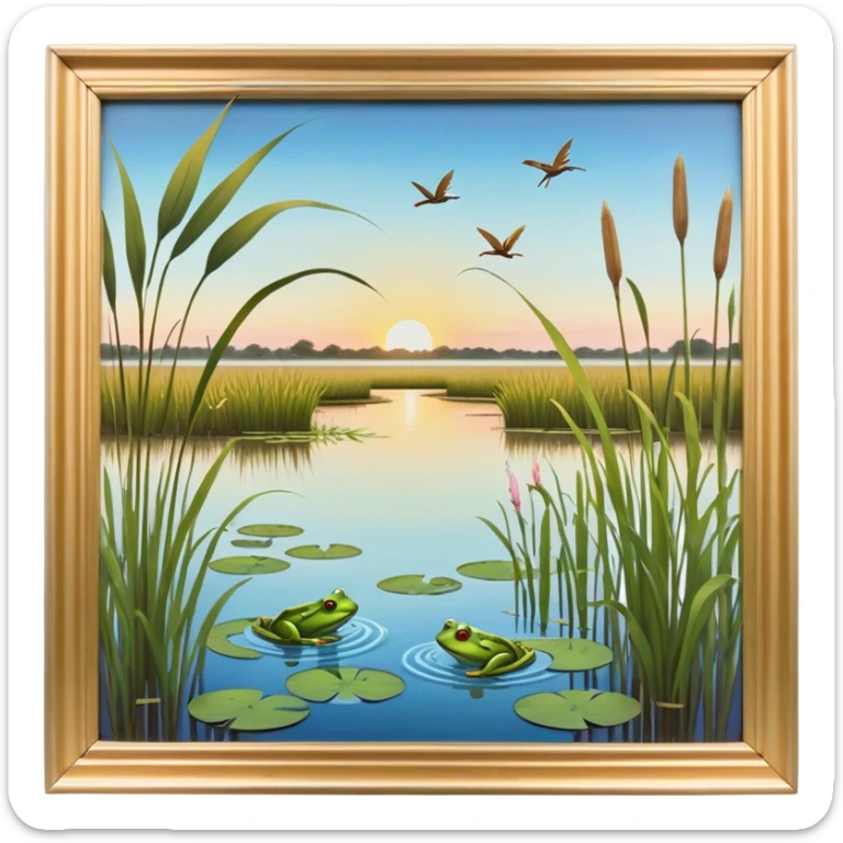Cinematic Realistic Wetlands Emoji in a wooden frame, Peaceful and serene, with tall grasses swaying in the breeze and soft, muddy waters reflecting the sky above. Small birds and insects flit among the reeds while lily pads float lazily across the surface, punctuated by the occasional croak of a frog or splash of a fish. Soft glowing outline, capturing the essence of a calm, tranquil wetland brimming with life and natural beauty. sticker