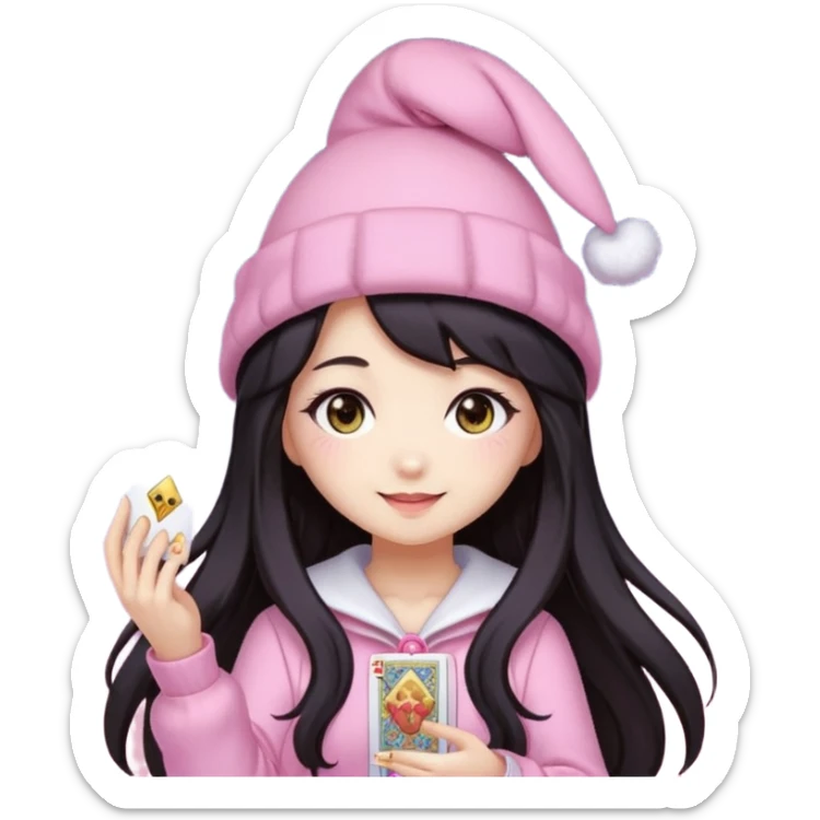 pixel art chibi asian girl with dark long hair in pink bunny hat magical girl with kawaii tarot cards thrown in air pixel emoji sticker