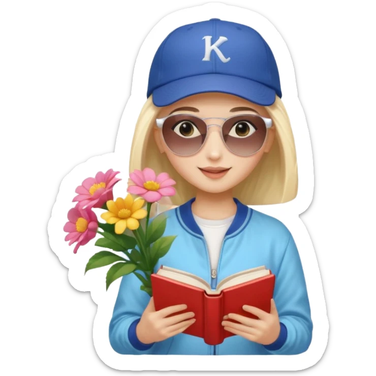 ["A happy girl with light skin, bald, wearing a baseball cap and sunglasses, dressed in K-pop fashion, is reading a book while holding a flower bouquet."] sticker