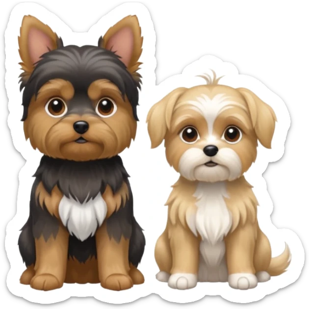 Generate a blue and tan purebred yorkie with a blonde shi tzu yorkie mix with floppy ears sitting next to each kther sticker