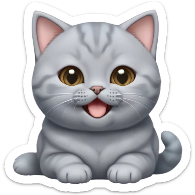 Cinematic Cute Grey British Shorthair kitten Portrait Emoji, Head tilted playfully and yawning, round and plump body with sleek soft grey fur and subtle blue undertones, Simplified yet adorable features, highly detailed, glowing with a warm, friendly glow, high shine, curious yet calm, stylized with a touch of whimsy, bright and endearing, soft glowing outline, capturing the essence of a mischievous yet loving and lazy kitty, so cute it feels like it could stretch out of the screen and cuddle! sticker