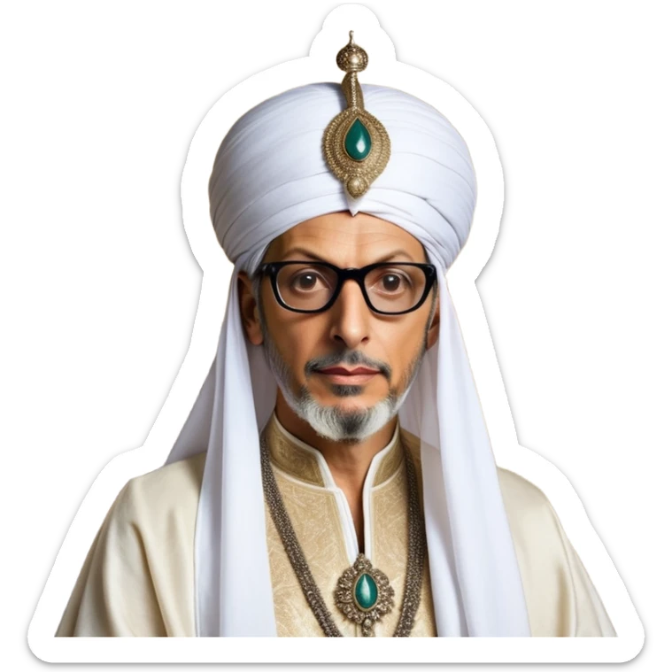 Jeff Goldblum without glasses as a regal portrait dressed as _cinematic-realistic-portrait-of-suleiman-the-magnificent,-depicted-as-a-regal-ottoman-sultan-adorned-with-a-large,-white,-round,-tall-turban-and-a-majestic-grey-beard,-his-commanding-gaze-bathed-in-warm,-historic-lighting-that-exudes-timel sticker