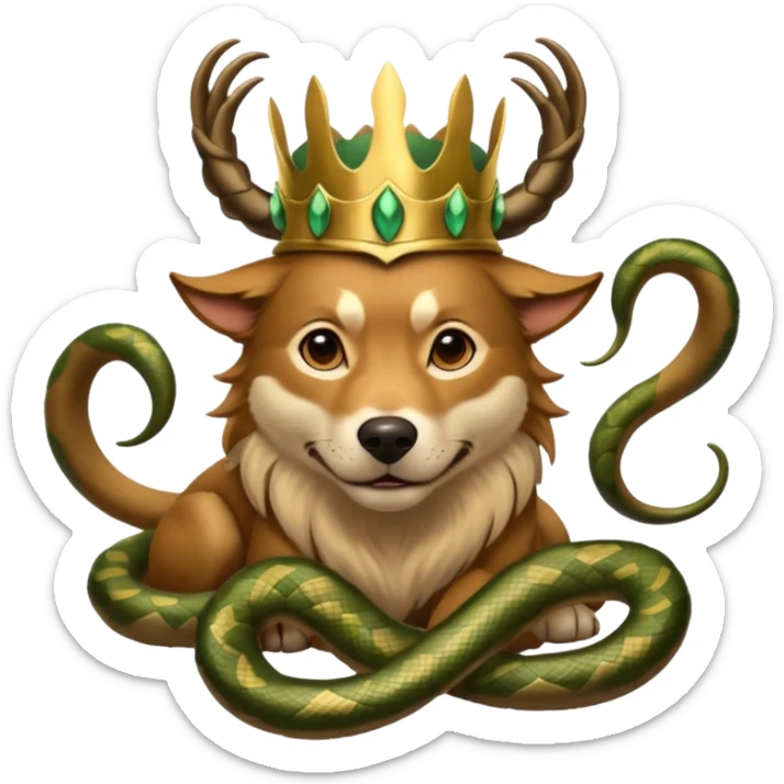 loki god of mischief as a dog. he as snakes. he wears a horned crown dynamic pose sticker