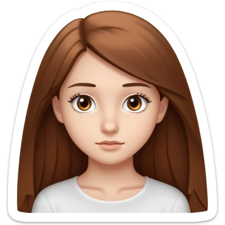 make a teenage 17 year old woman emoji with straight long brown hair and brown eyes with pretty eyelashes wearing a white top  sticker