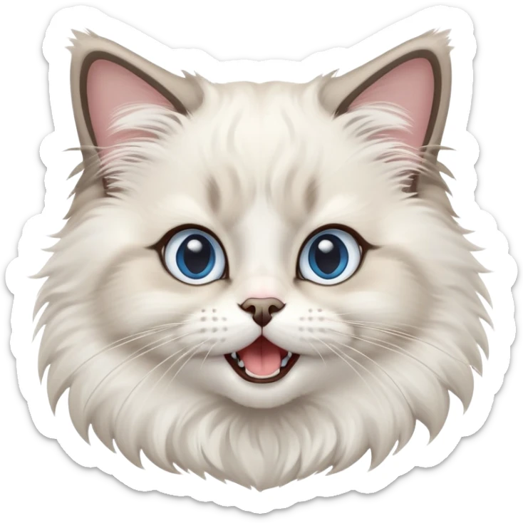 cinematic-adorable-big-eyed-fluffy-ragdoll-cat-portrait-emoji,-head-tilted-playfully-with-a-cute,-yawn,-white and grey fur,-simplified-yet-irresistibly-cute-features, blue eyes sticker