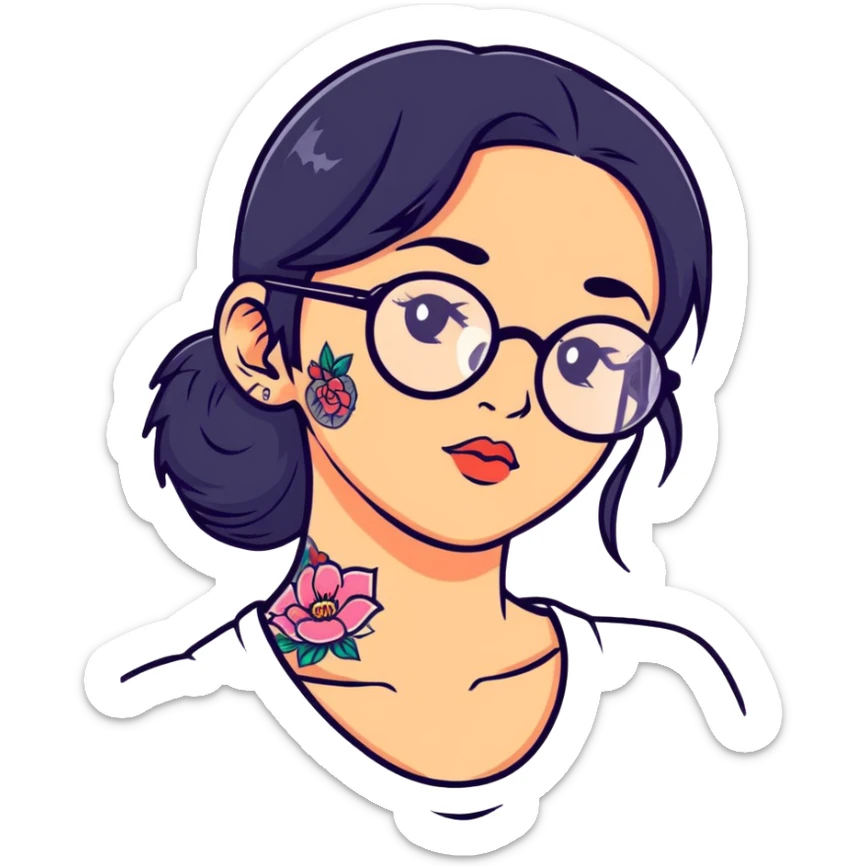 young girl with face tattoos wearing glasses and black hair sticker