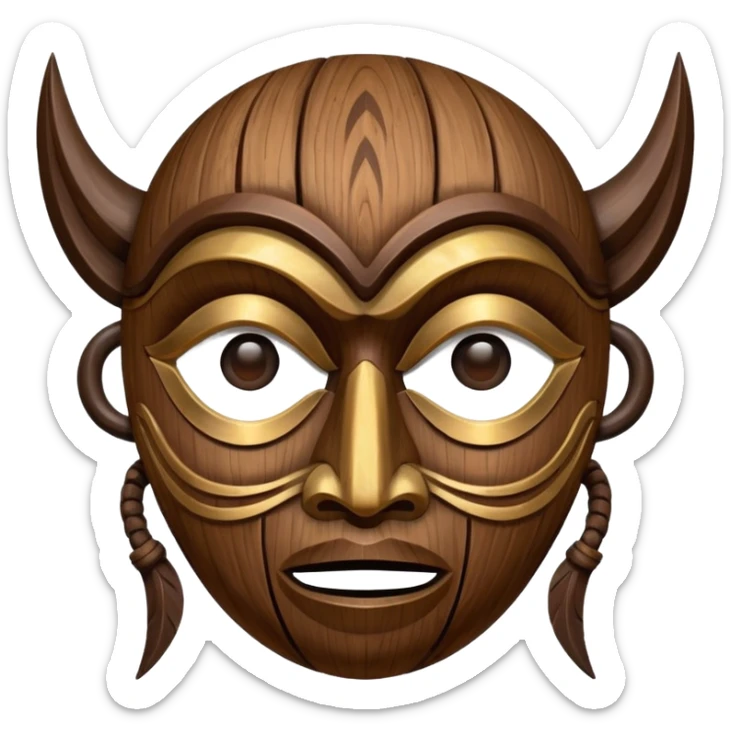 Wooden Mask, Brown carved wood face with hollow eyes. sticker