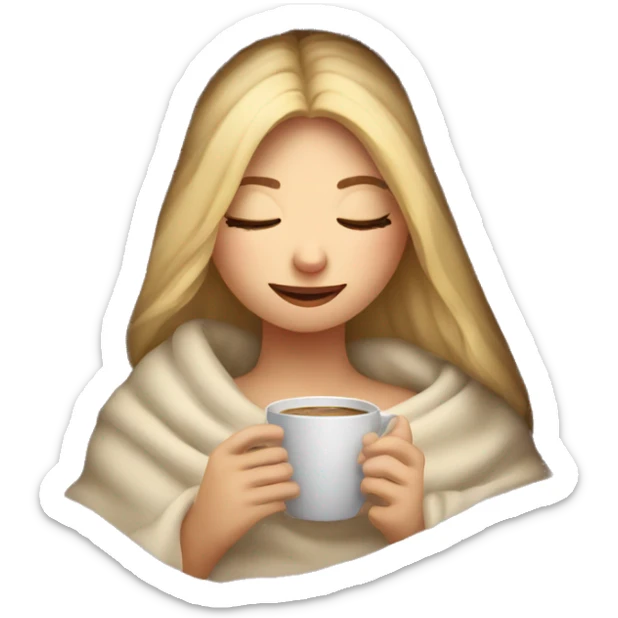Blonde girl inside a blanket sipping coffee eyes closed sticker