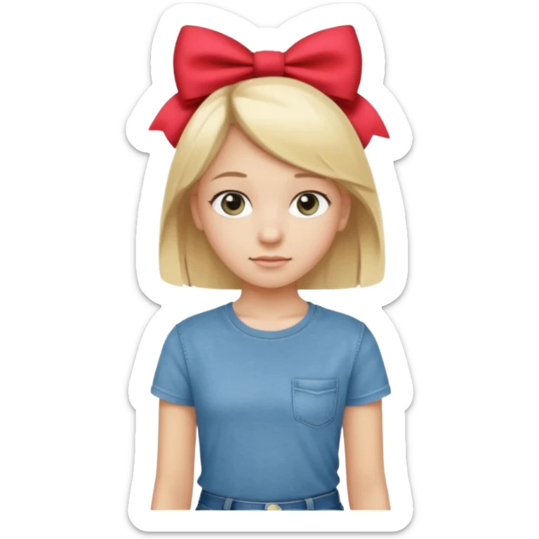 14 years old girl, with blonde hair, grey eyes. Wearing t-shirt and jeans. Wearing a bow sticker