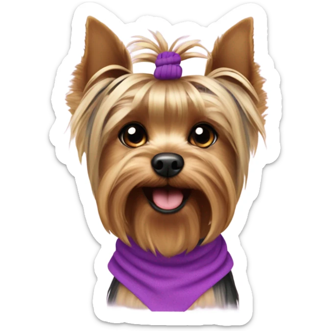 the face of a  Yorkshire Terrier  with a baby face with a ponytail on its head with a purple elastic band and pink short  sticker