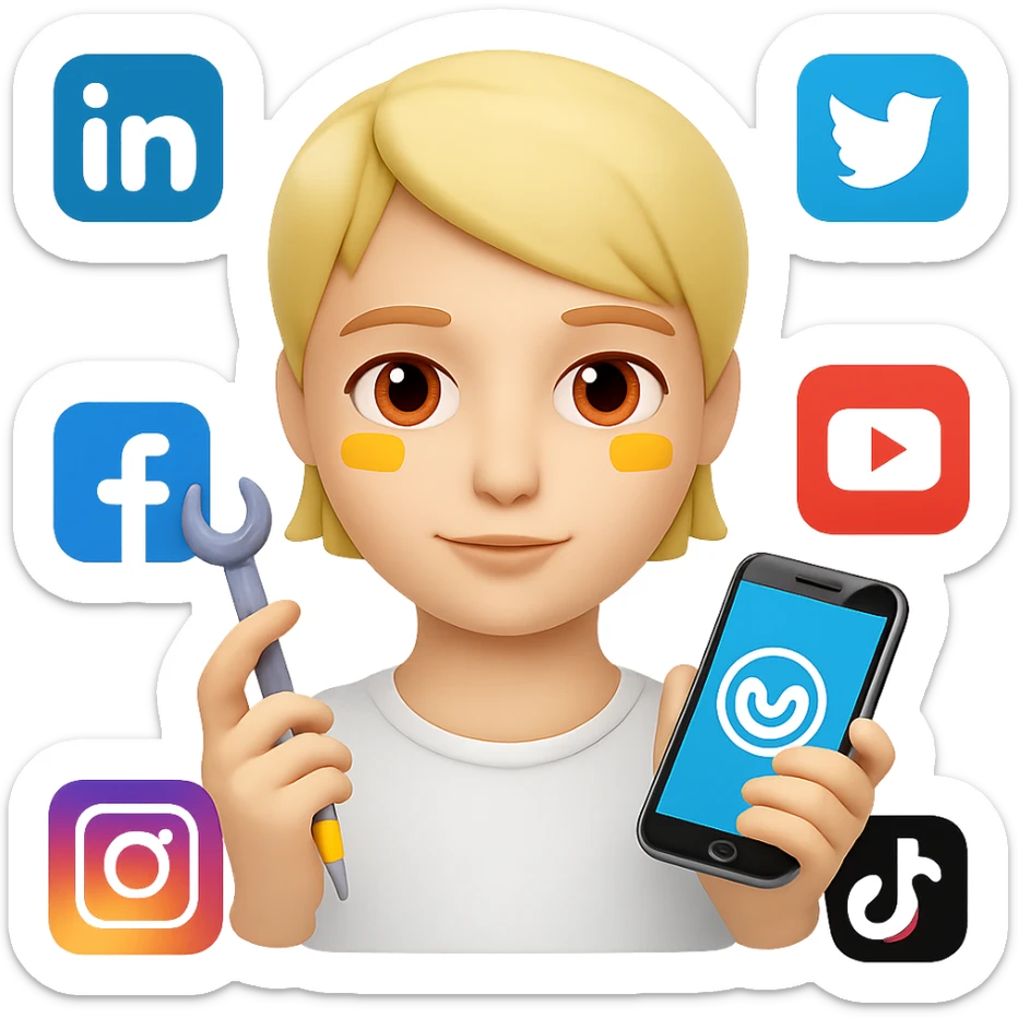 Add more social media icons around the person measuring metrics in the style of apple emojis, with no background. sticker