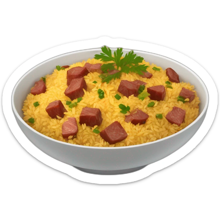 a bowl of Uzbek pilaf with brown pieces of meat on the plate sticker