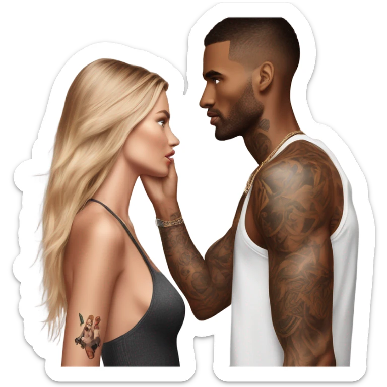 Photo of Victoria secret model having a serious conversation with a tattooed male model  sticker