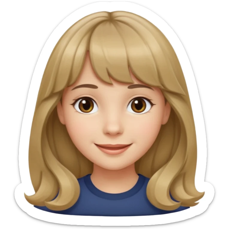 A girl with wavy, dark blonde hair, straight bangs, and straight eyes. She is smiling. sticker