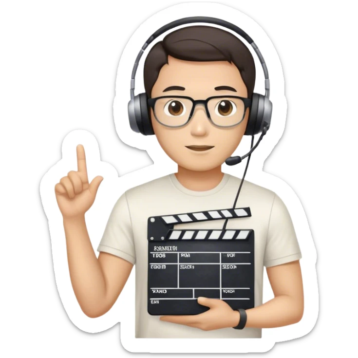 Korean male movie director wear headset, tsirts who holds a movie slate sticker